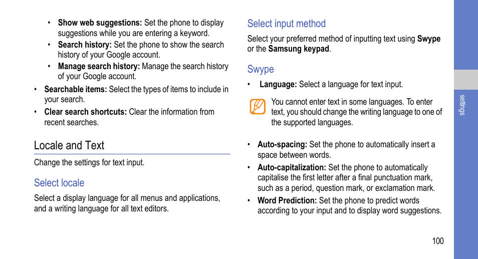 Locale and text | Samsung 07272010 User Manual | Page 111 / 139