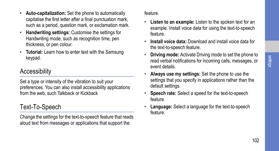 Accessibility, Text-to-speech, Accessibility text-to-speech | Samsung 07272010 User Manual | Page 113 / 139