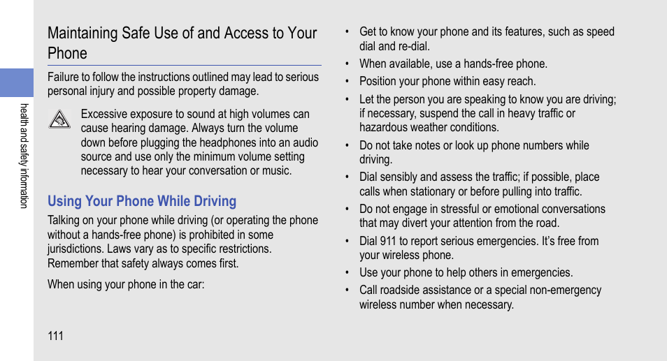 Maintaining safe use of and access to your phone | Samsung 07272010 User Manual | Page 122 / 139