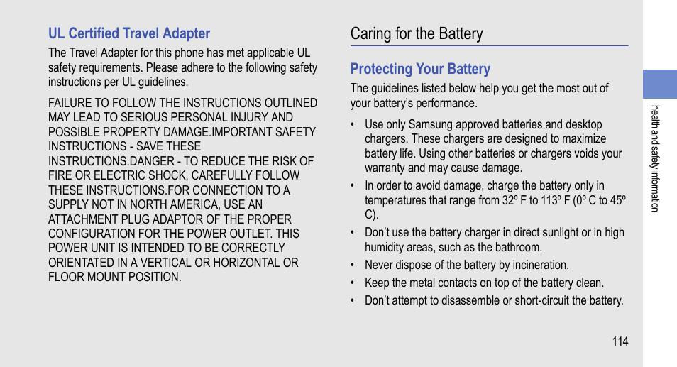 Caring for the battery | Samsung 07272010 User Manual | Page 125 / 139
