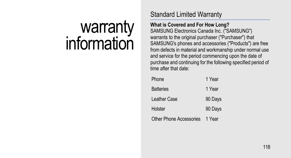 Warranty information, Standard limited warranty | Samsung 07272010 User Manual | Page 129 / 139