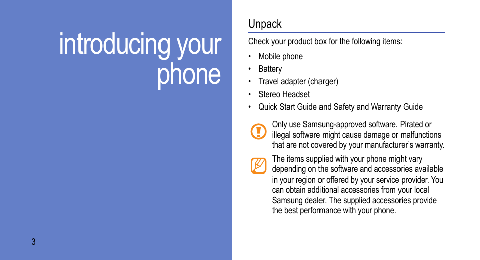 Introducing your phone, Unpack | Samsung 07272010 User Manual | Page 14 / 139