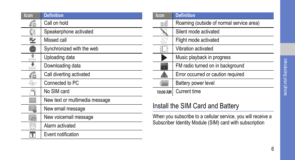 Install the sim card and battery | Samsung 07272010 User Manual | Page 17 / 139