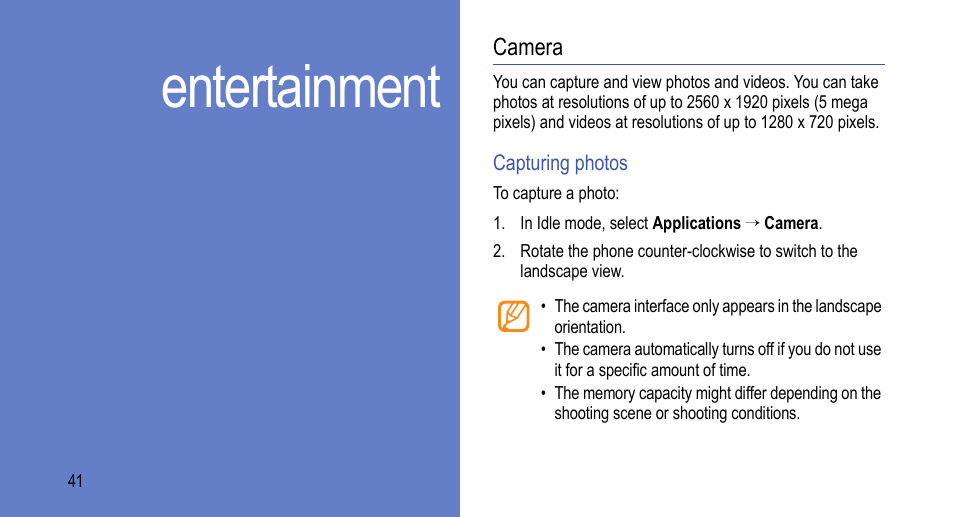 Entertainment, Camera | Samsung 07272010 User Manual | Page 52 / 139