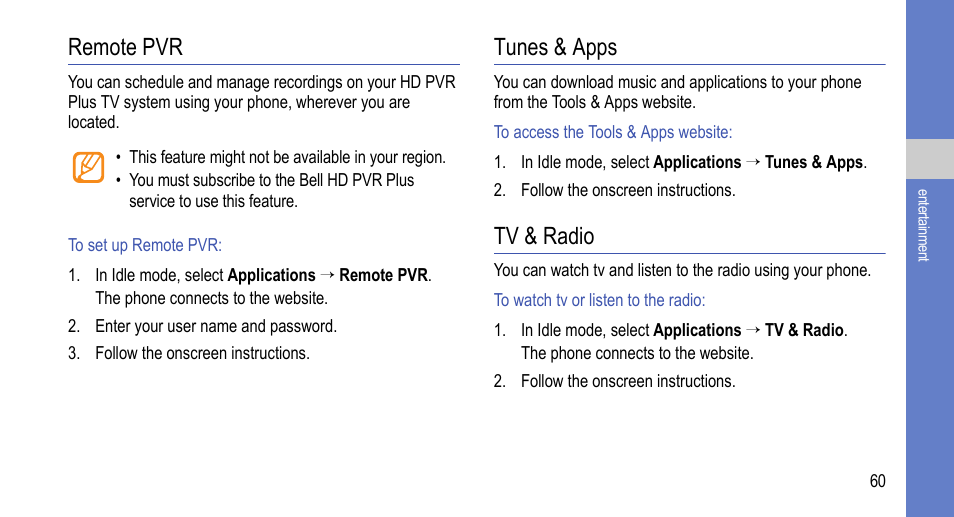 Remote pvr, Tunes & apps, Tv & radio | Tunes & apps tv & radio | Samsung 07272010 User Manual | Page 71 / 139