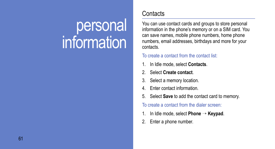 Personal information, Contacts | Samsung 07272010 User Manual | Page 72 / 139