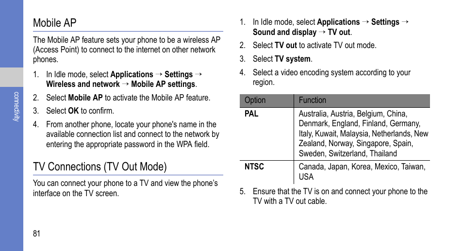 Mobile ap, Tv connections (tv out mode), Mobile ap tv connections (tv out mode) | Samsung 07272010 User Manual | Page 92 / 139