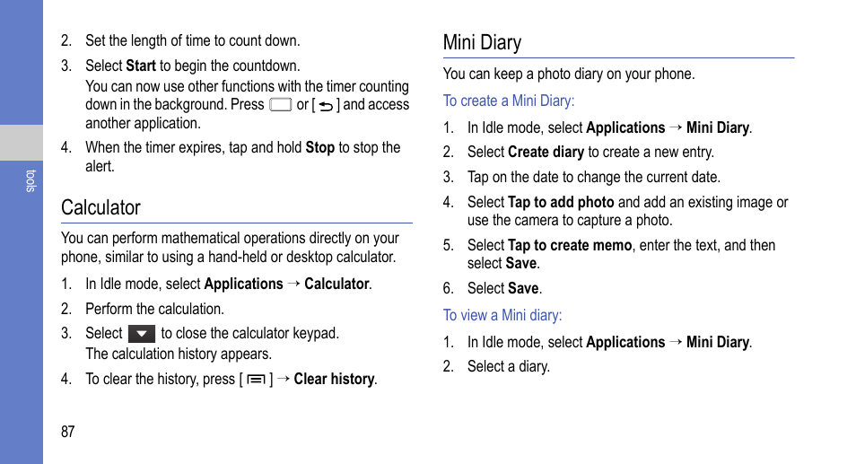 Calculator, Mini diary, Calculator mini diary | Samsung 07272010 User Manual | Page 98 / 139