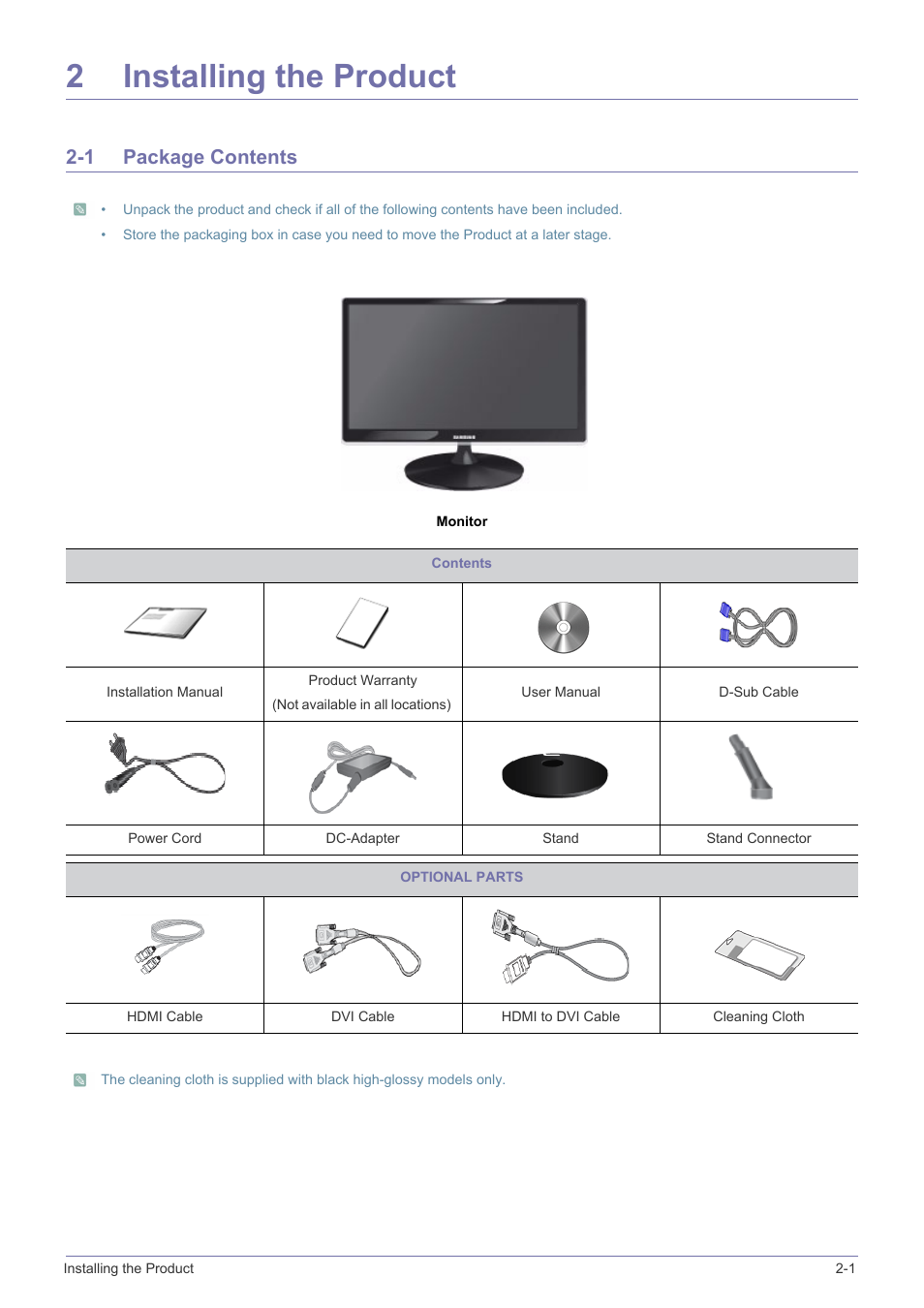 2 installing the product, 1 package contents, Installing the product | Package contents -1, 2installing the product | Samsung S23A350B User Manual | Page 13 / 88