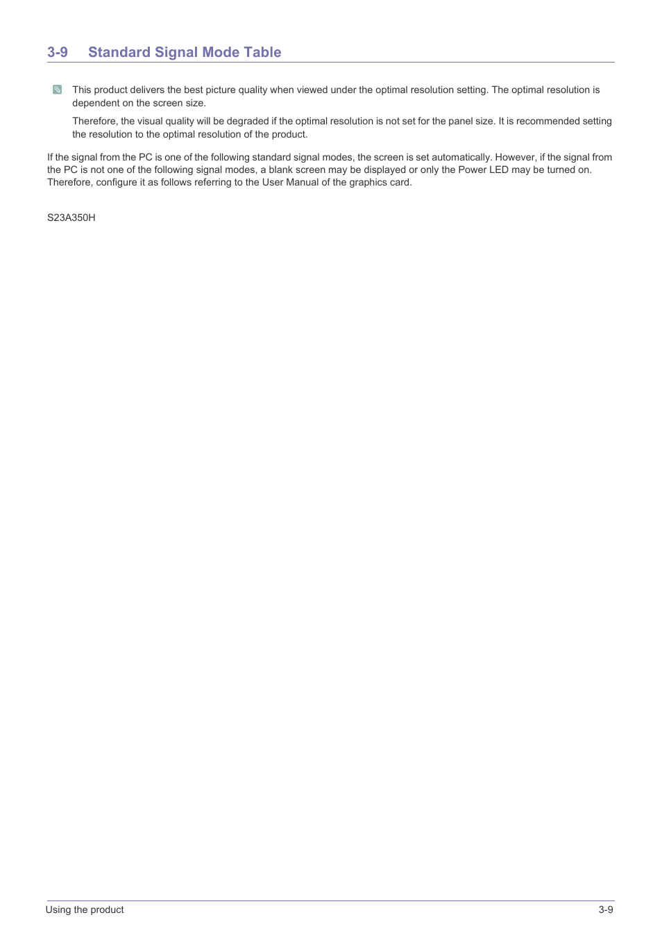 9 standard signal mode table, Standard signal mode table -9 | Samsung S23A350B User Manual | Page 31 / 88