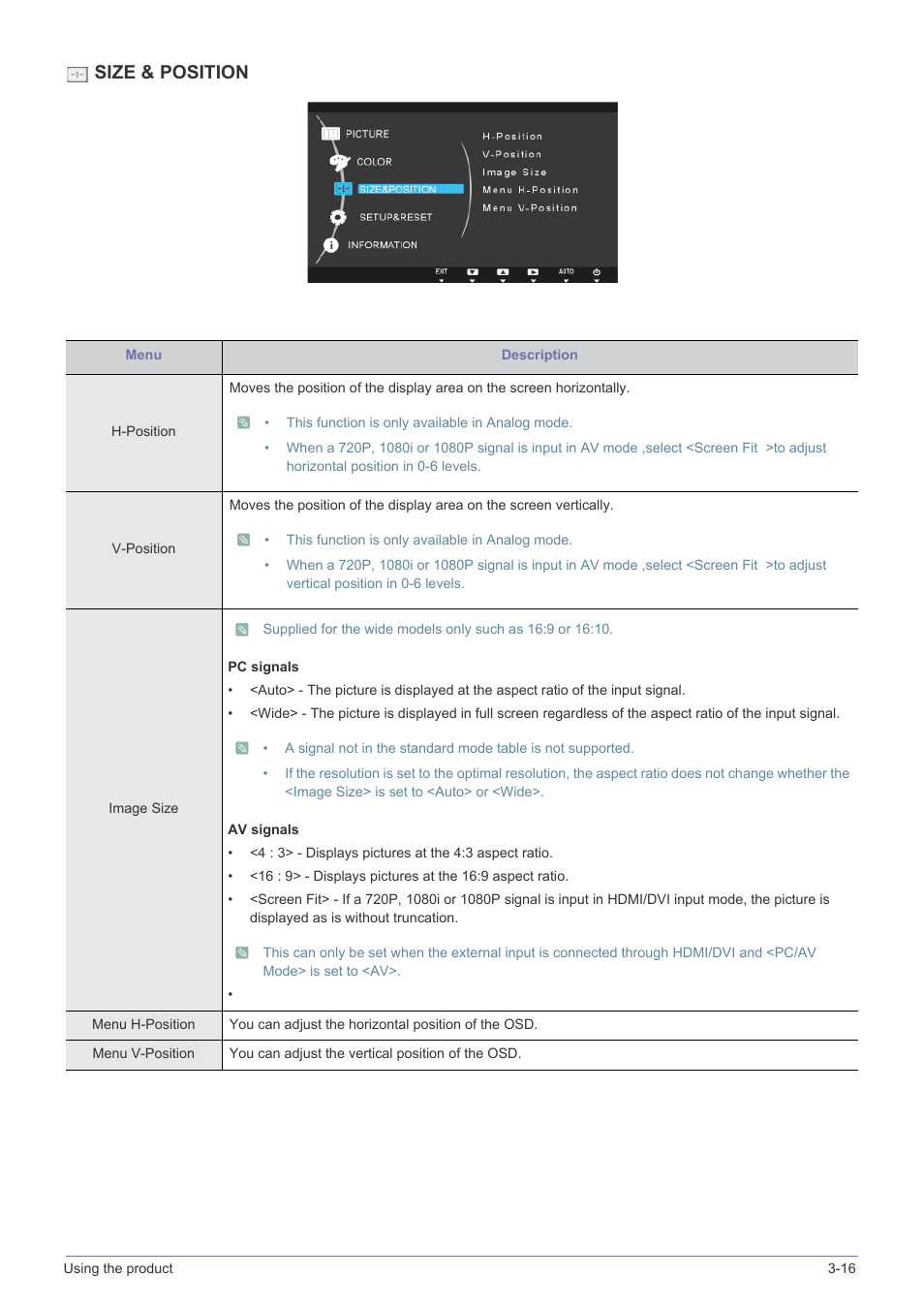 Size & position | Samsung S23A350B User Manual | Page 49 / 88