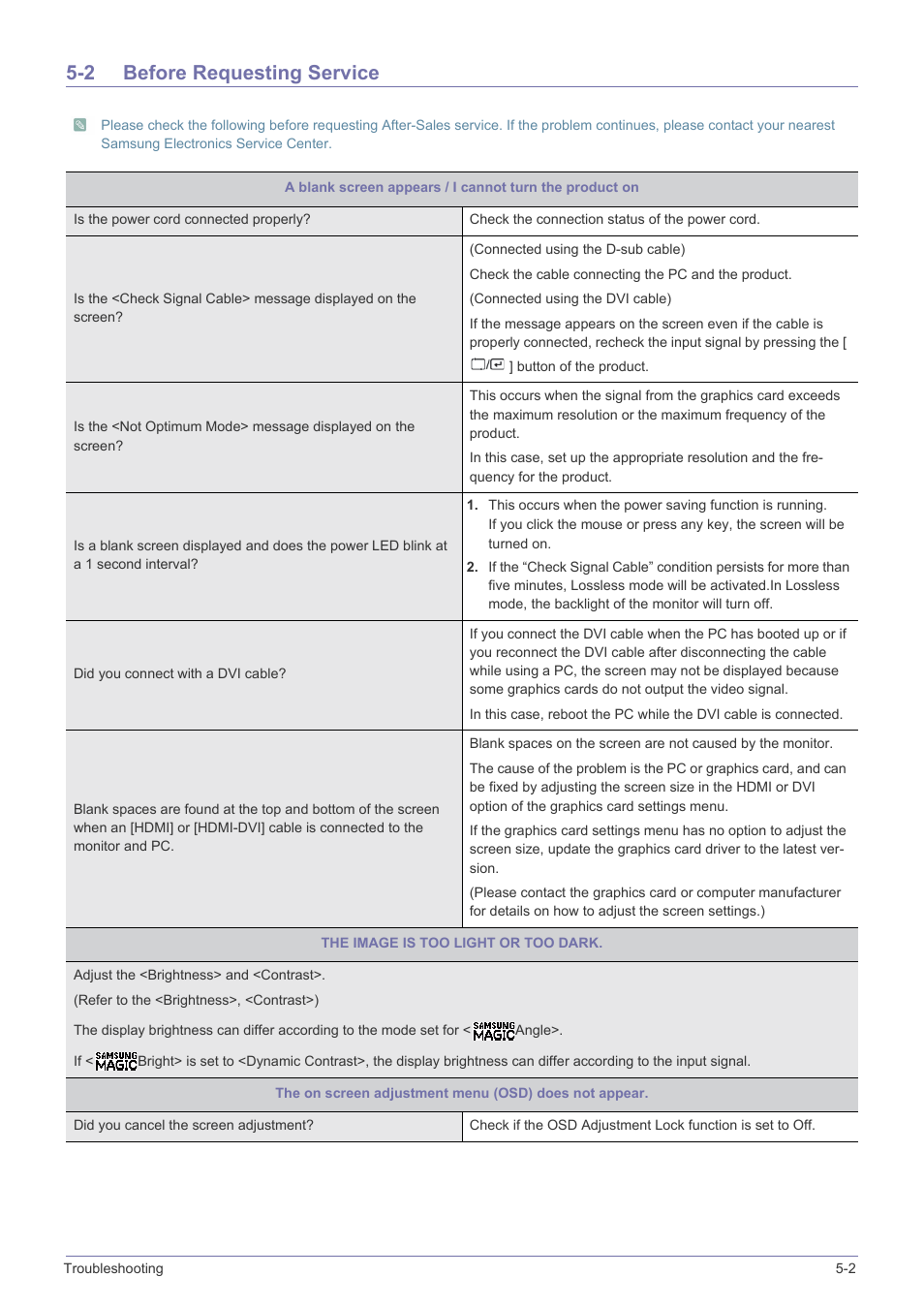 2 before requesting service, Before requesting service -2 | Samsung S23A350B User Manual | Page 57 / 88