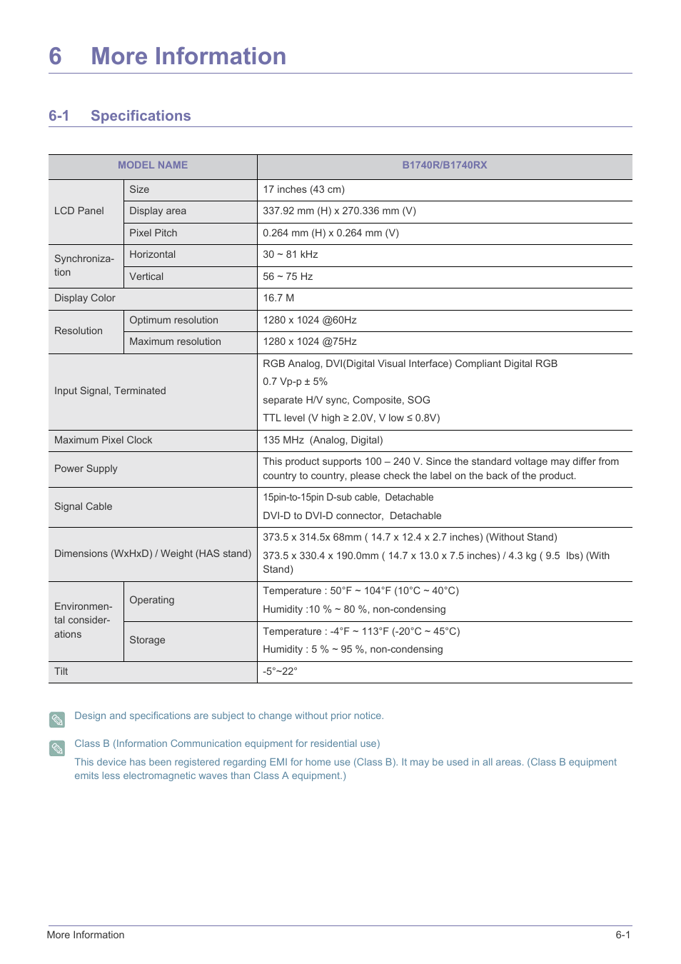 6 more information, 1 specifications, More information | Specifications -1, 6more information | Samsung B2340 User Manual | Page 102 / 181