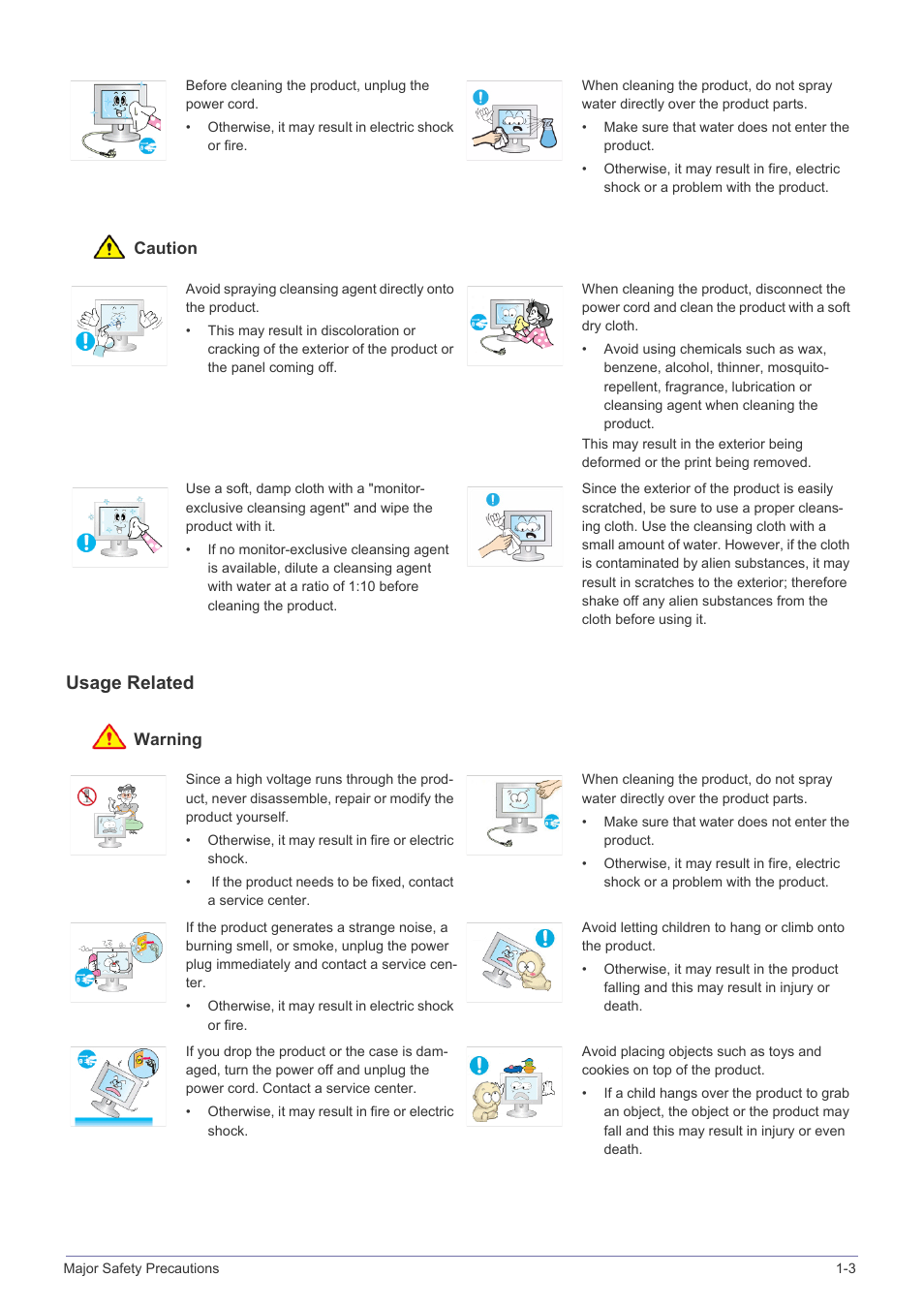 Caution, Usage related, Warning | Samsung B2340 User Manual | Page 11 / 181