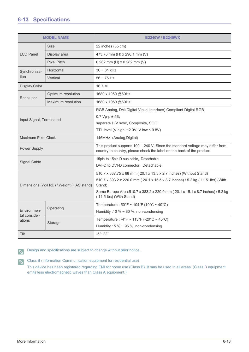 13 specifications, Specifications -13 | Samsung B2340 User Manual | Page 114 / 181