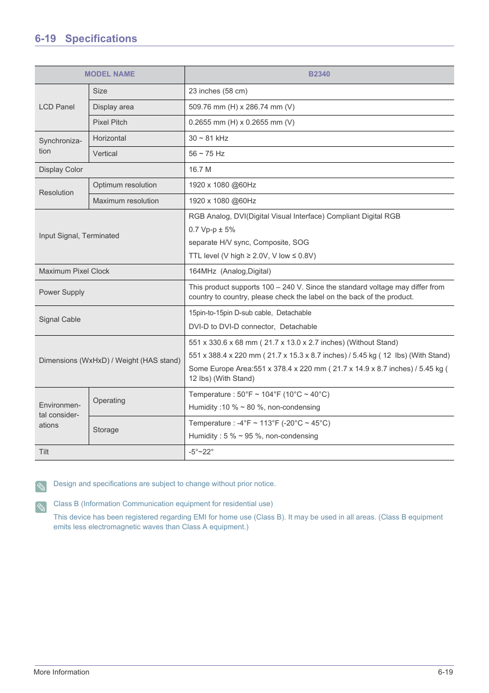 19 specifications, Specifications -19 | Samsung B2340 User Manual | Page 120 / 181