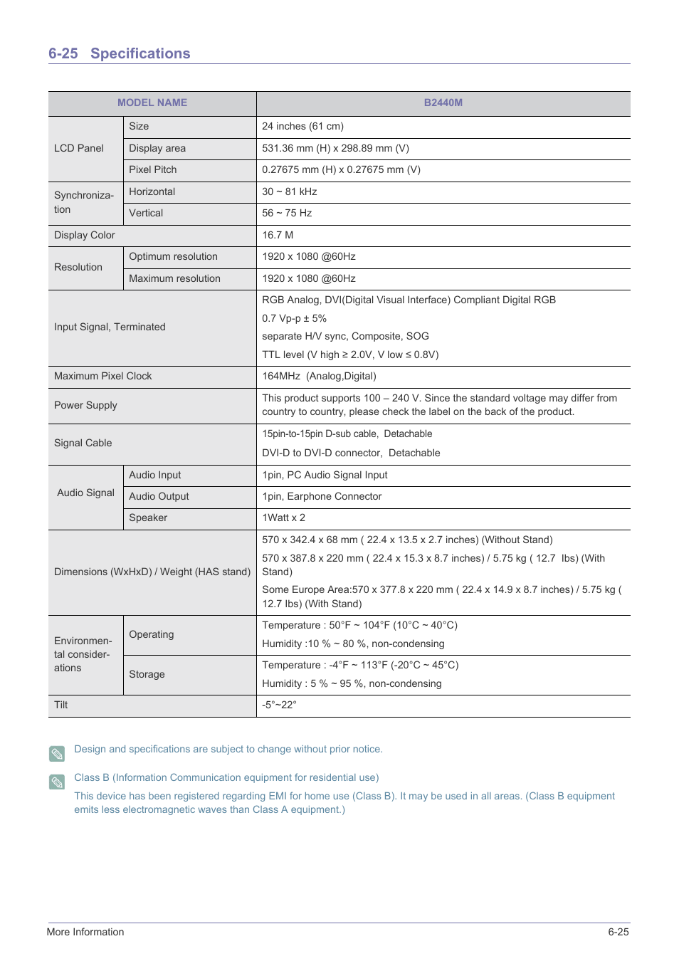 25 specifications, Specifications -25 | Samsung B2340 User Manual | Page 126 / 181