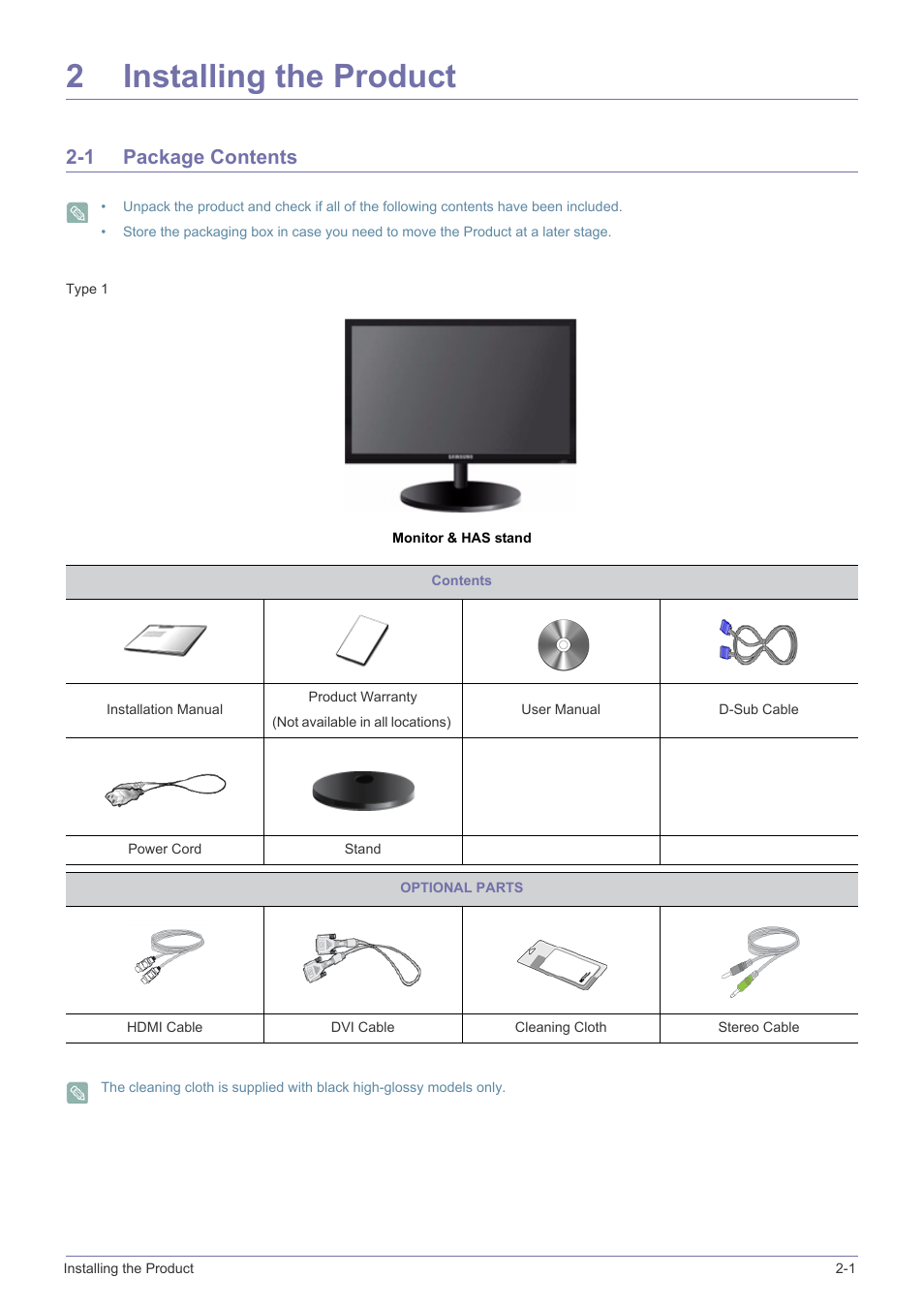 2 installing the product, 1 package contents, Monitor & has stand | Installing the product, Package contents -1, 2installing the product | Samsung B2340 User Manual | Page 14 / 181