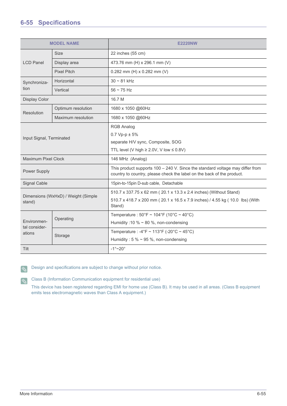 55 specifications, Specifications -55 | Samsung B2340 User Manual | Page 156 / 181