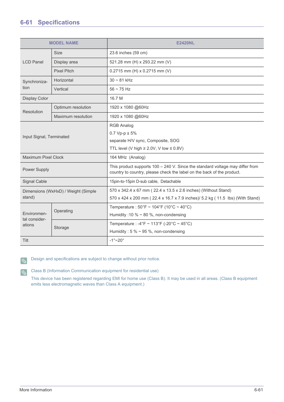 61 specifications, Specifications -61 | Samsung B2340 User Manual | Page 162 / 181