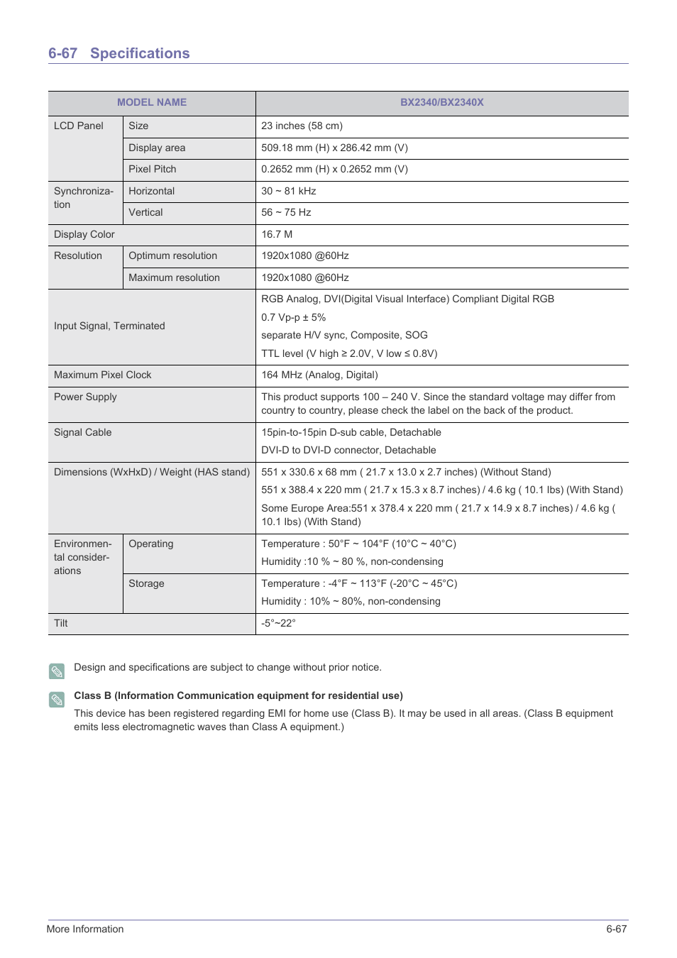 67 specifications, Specifications -67 | Samsung B2340 User Manual | Page 168 / 181