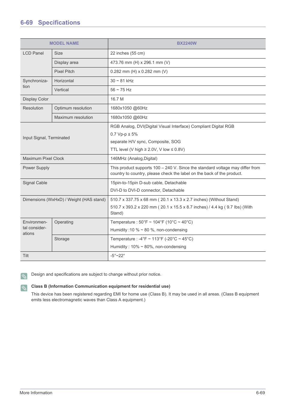 69 specifications, Specifications -69 | Samsung B2340 User Manual | Page 170 / 181