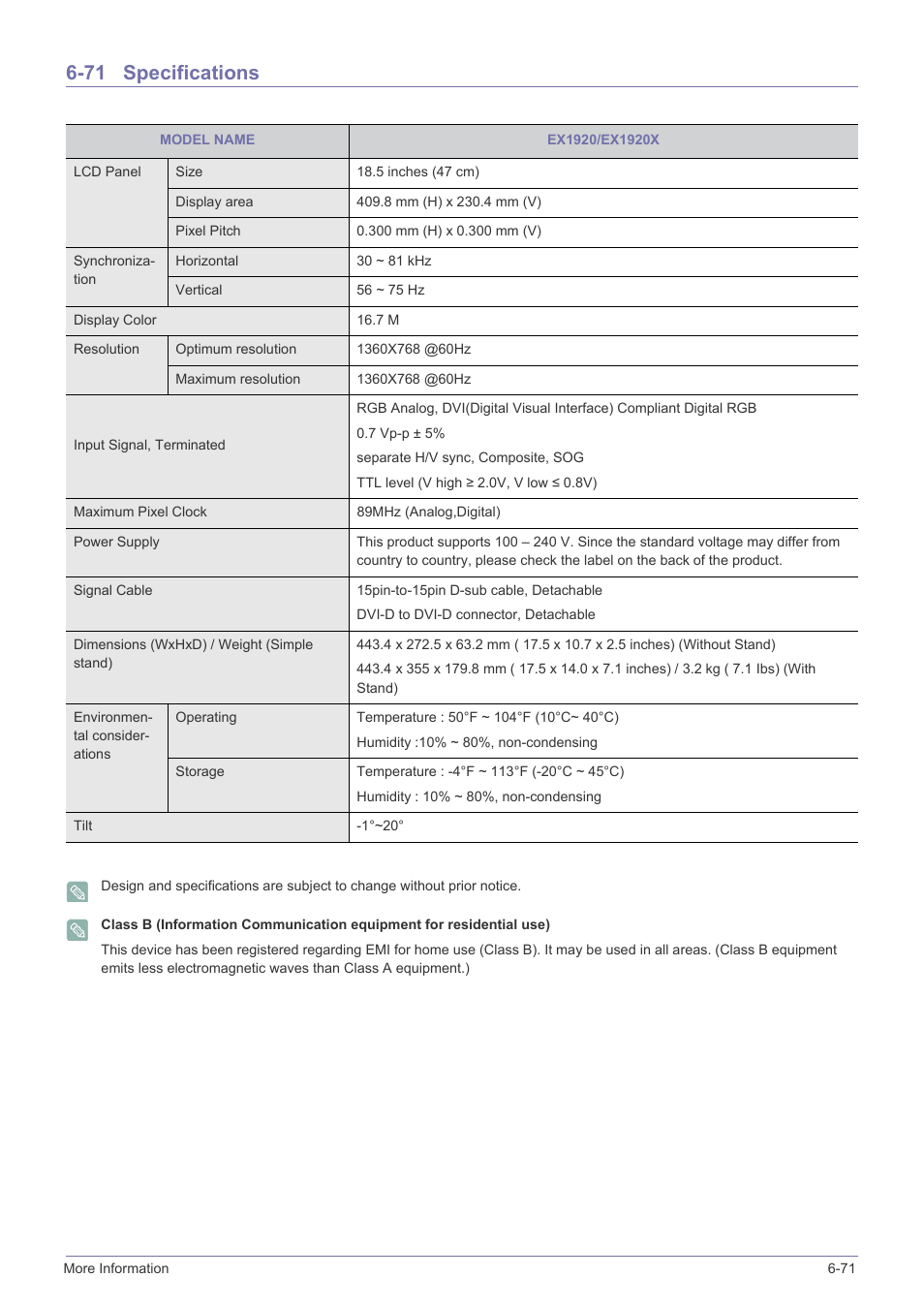 71 specifications, Specifications -71 | Samsung B2340 User Manual | Page 172 / 181