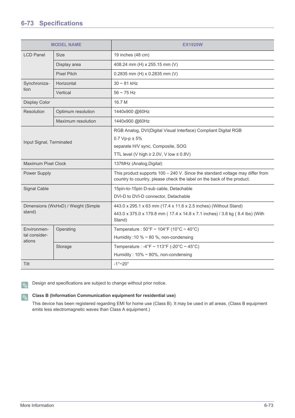 73 specifications, Specifications -73 | Samsung B2340 User Manual | Page 174 / 181