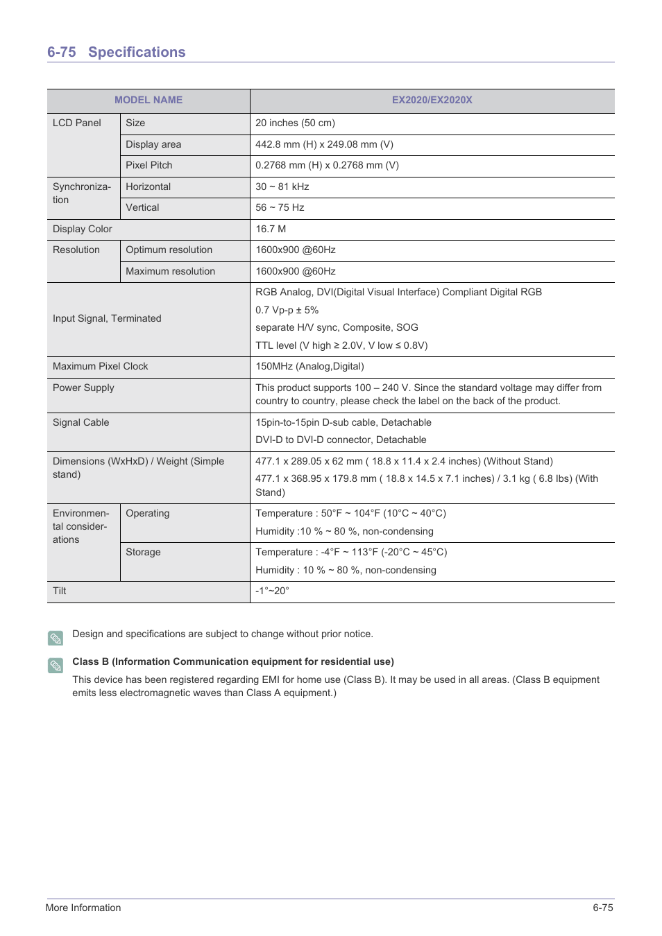 75 specifications, Specifications -75 | Samsung B2340 User Manual | Page 176 / 181