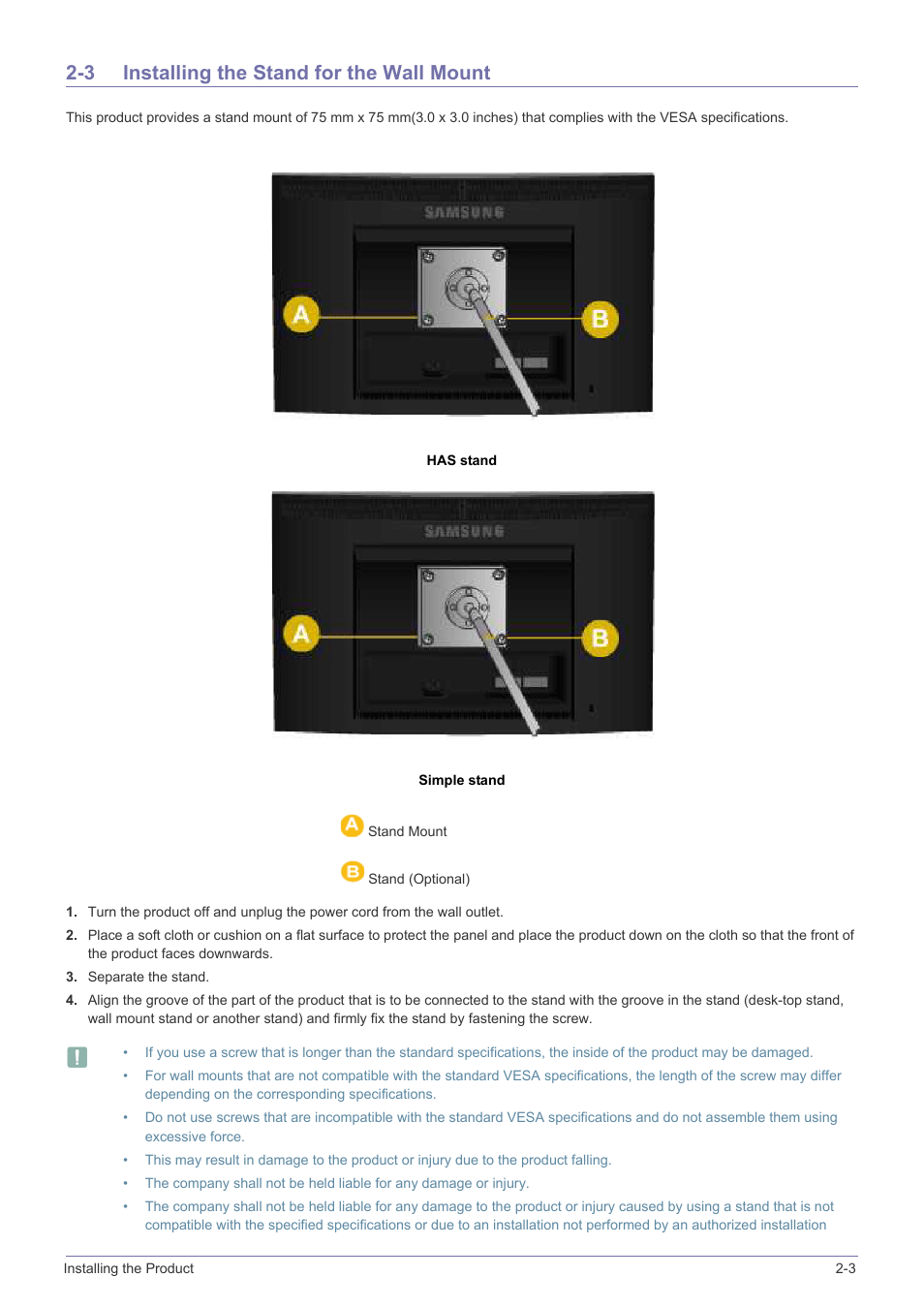 3 installing the stand for the wall mount, Has stand, Simple stand | Installing the stand for the wall mount -3 | Samsung B2340 User Manual | Page 20 / 181