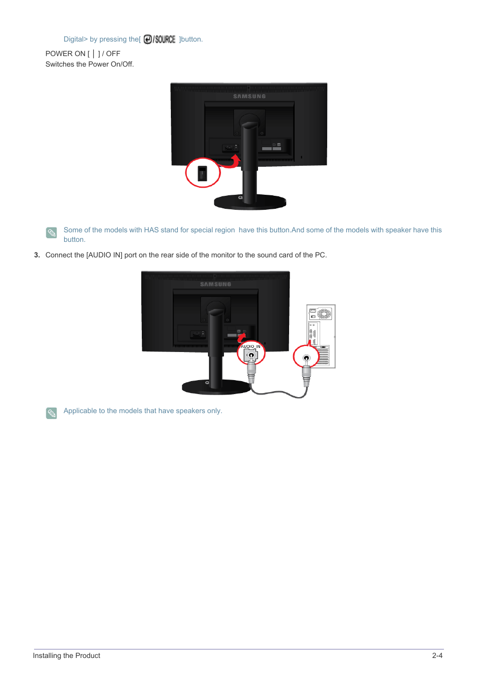 Power on [ │ ] / off switches the power on/off, Applicable to the models that have speakers only | Samsung B2340 User Manual | Page 23 / 181