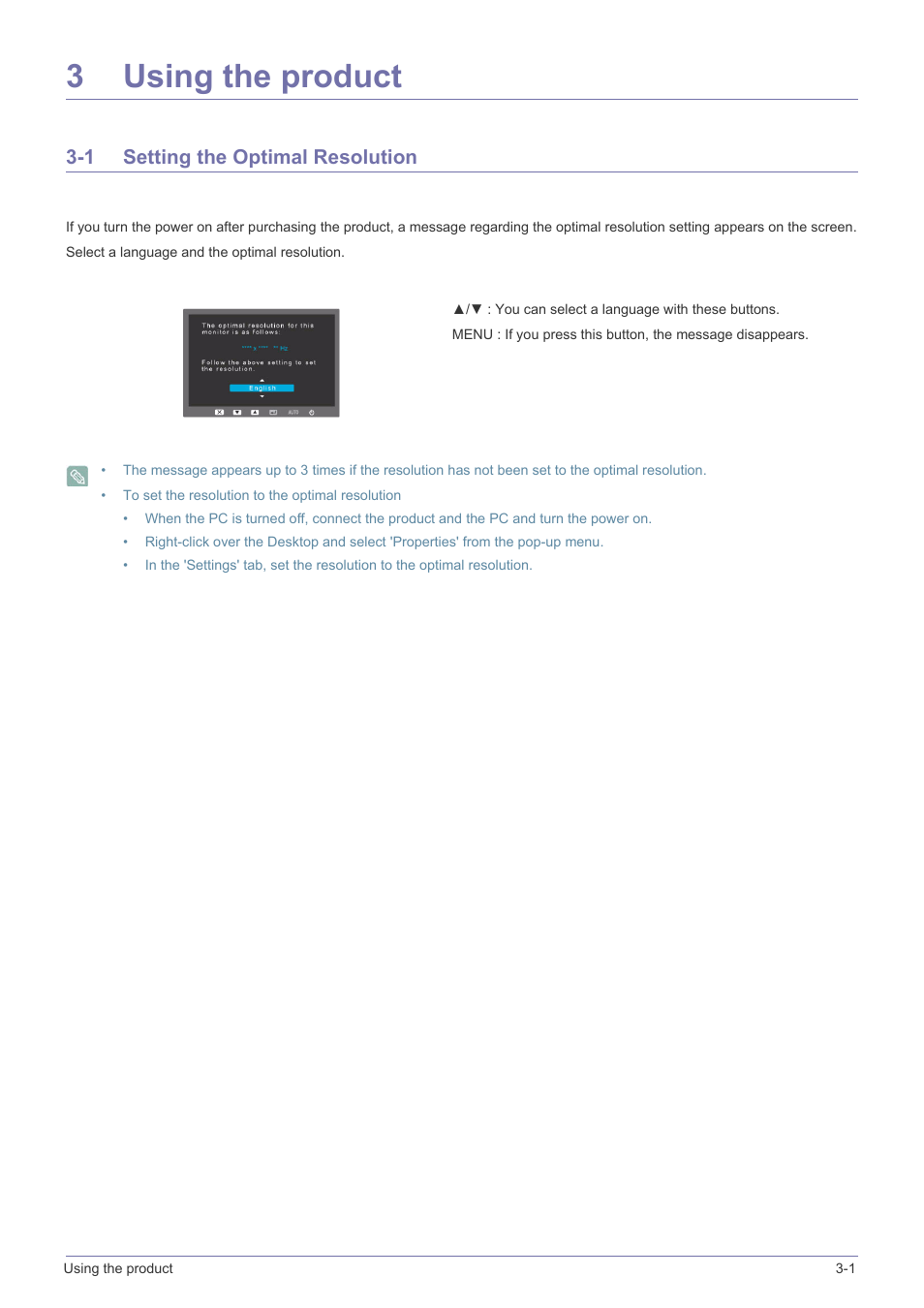 3 using the product, 1 setting the optimal resolution, Using the product | Setting the optimal resolution -1, 3using the product | Samsung B2340 User Manual | Page 28 / 181