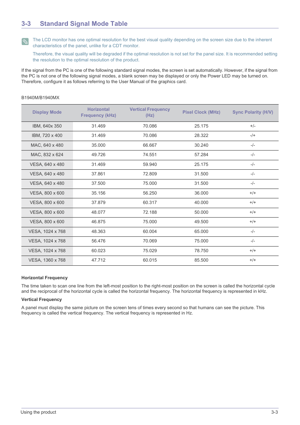 3 standard signal mode table, Standard signal mode table -3 | Samsung B2340 User Manual | Page 30 / 181