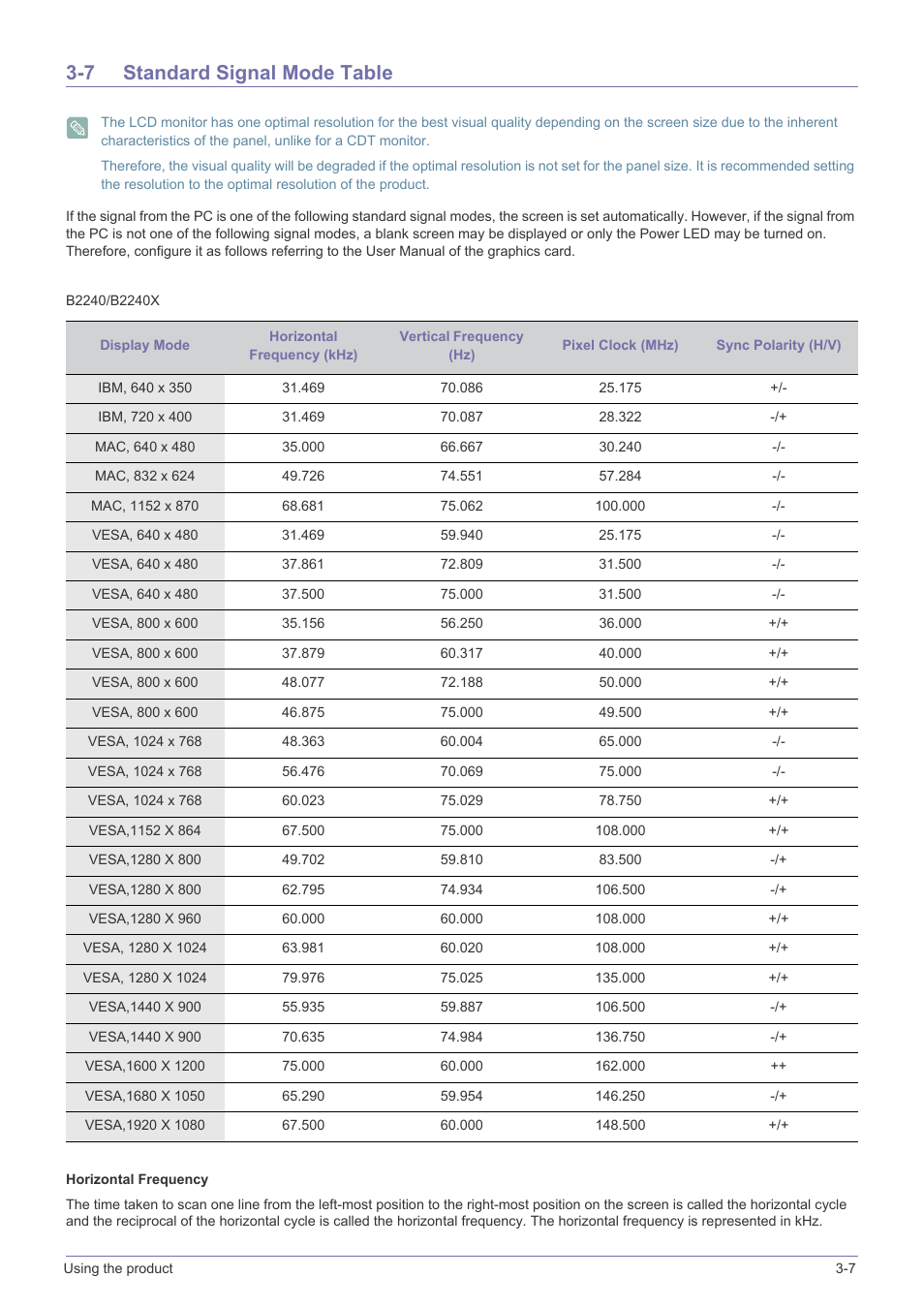 7 standard signal mode table, Standard signal mode table -7 | Samsung B2340 User Manual | Page 34 / 181