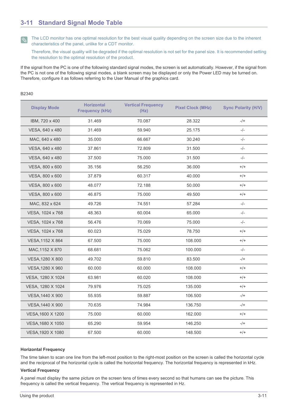 11 standard signal mode table, Standard signal mode table -11 | Samsung B2340 User Manual | Page 42 / 181