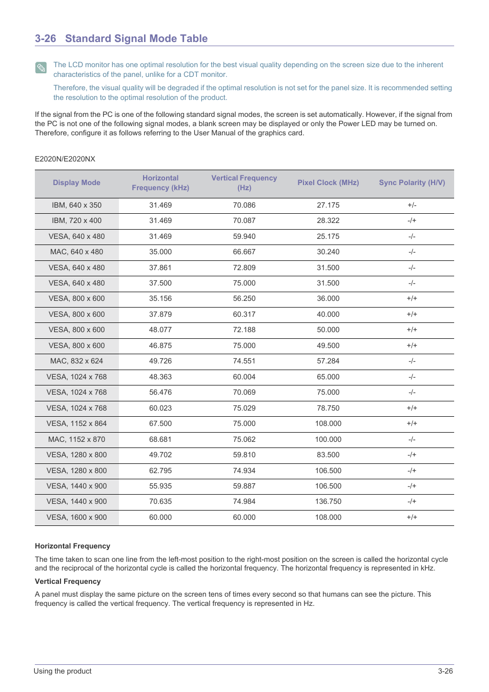 26 standard signal mode table, Standard signal mode table -26 | Samsung B2340 User Manual | Page 61 / 181