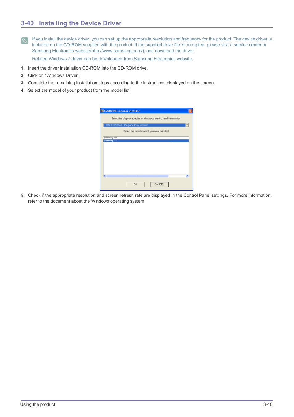 40 installing the device driver, Installing the device driver -40 | Samsung B2340 User Manual | Page 81 / 181