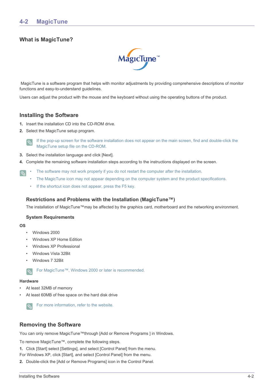 2 magictune, What is magictune, Installing the software | Insert the installation cd into the cd-rom drive, System requirements, Removing the software, Magictune -2 | Samsung B2340 User Manual | Page 93 / 181