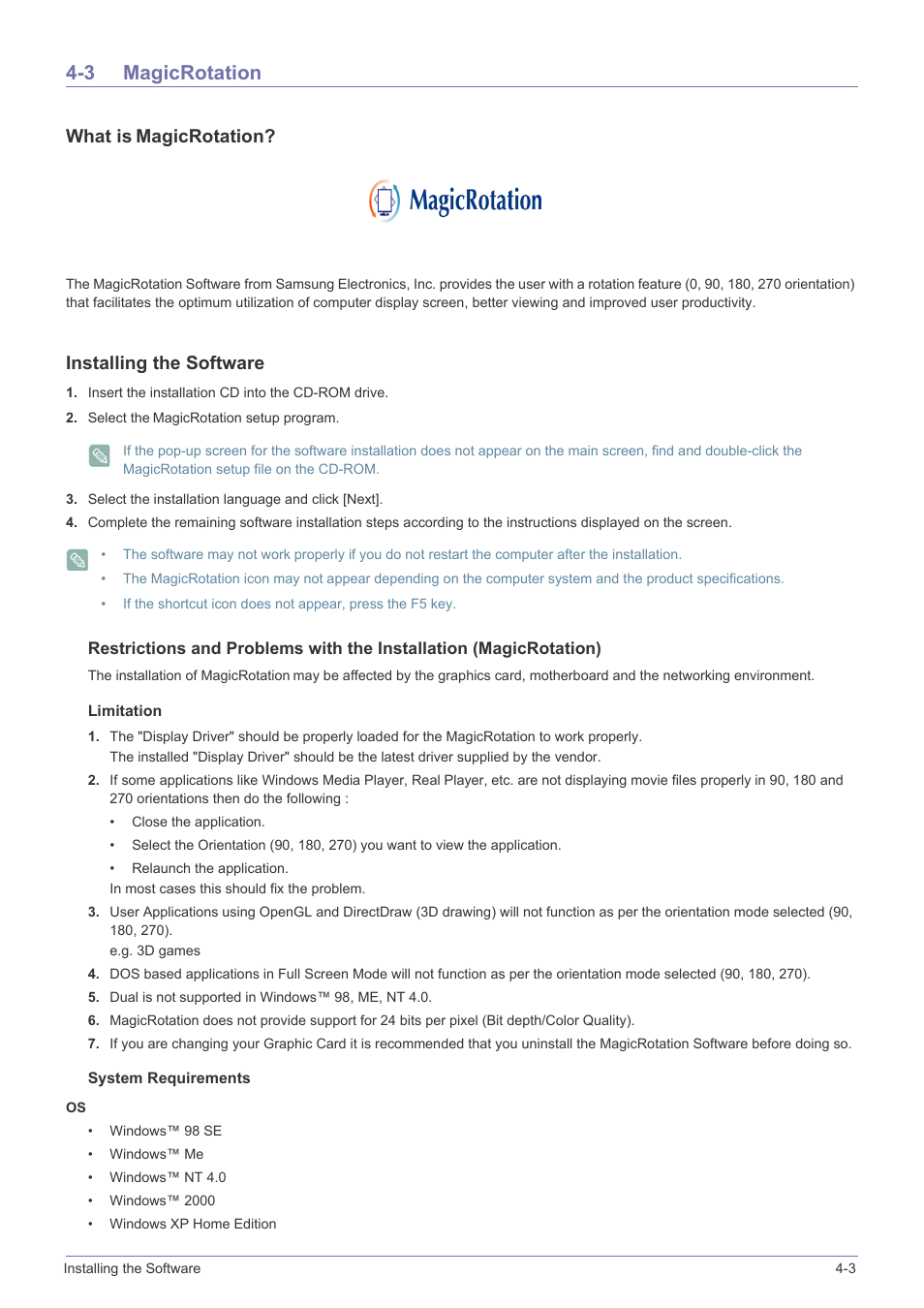 3 magicrotation, What is magicrotation, Installing the software | Insert the installation cd into the cd-rom drive, Limitation, System requirements, Magicrotation -3 | Samsung B2340 User Manual | Page 95 / 181