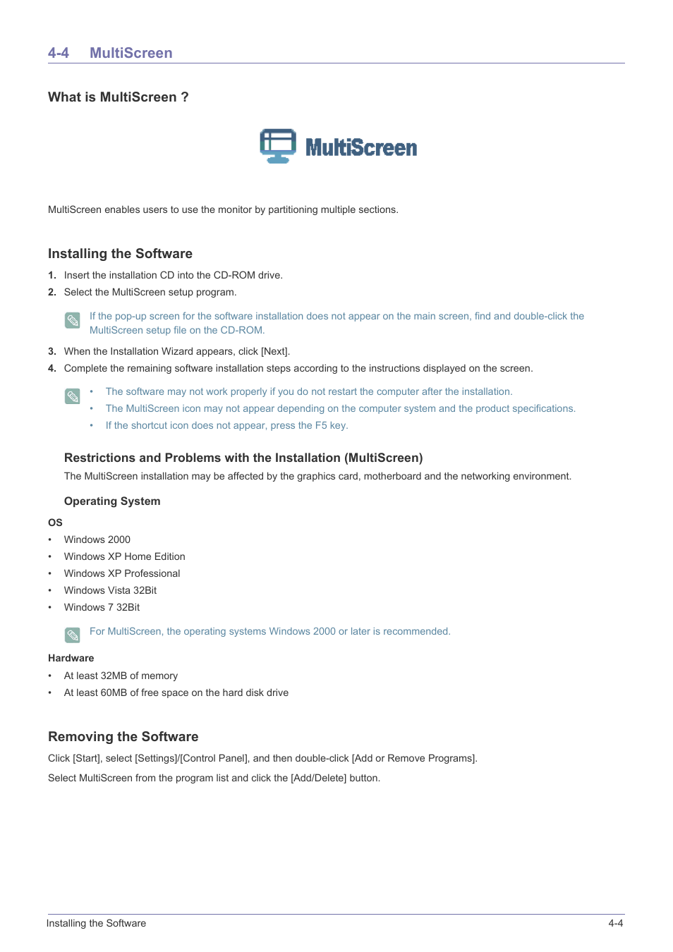 4 multiscreen, What is multiscreen, Installing the software | Insert the installation cd into the cd-rom drive, Operating system, Removing the software, Multiscreen -4 | Samsung B2340 User Manual | Page 97 / 181