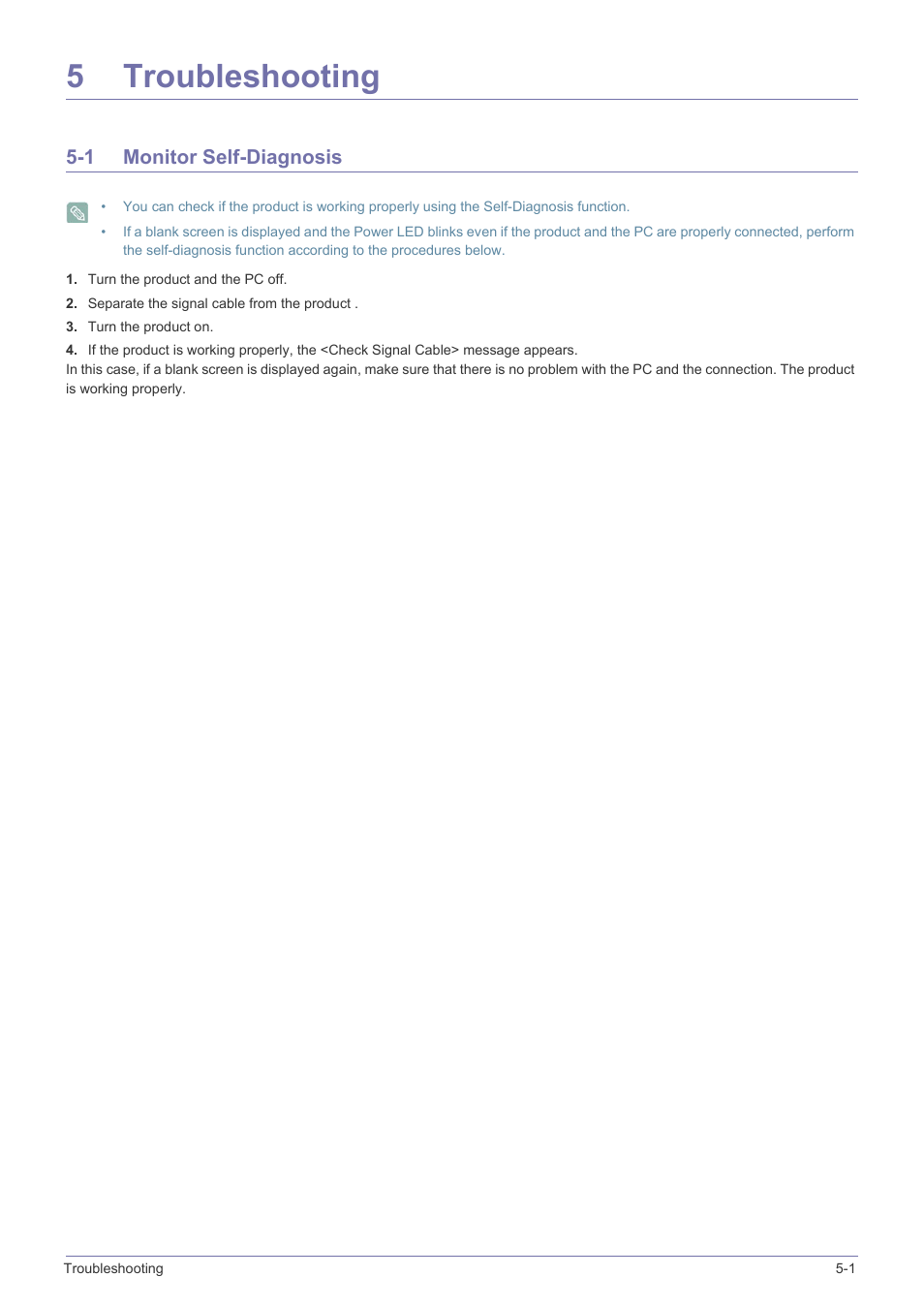 5 troubleshooting, 1 monitor self-diagnosis, Turn the product and the pc off | Troubleshooting, Monitor self-diagnosis -1, 5troubleshooting | Samsung B2340 User Manual | Page 98 / 181