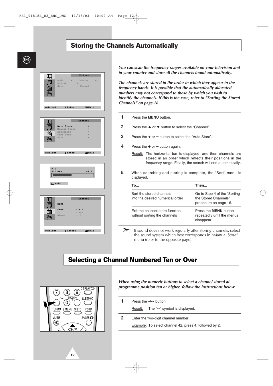 Storing the channels automatically, Selecting a channel numbered ten or over | Samsung 21K10 User Manual | Page 12 / 32