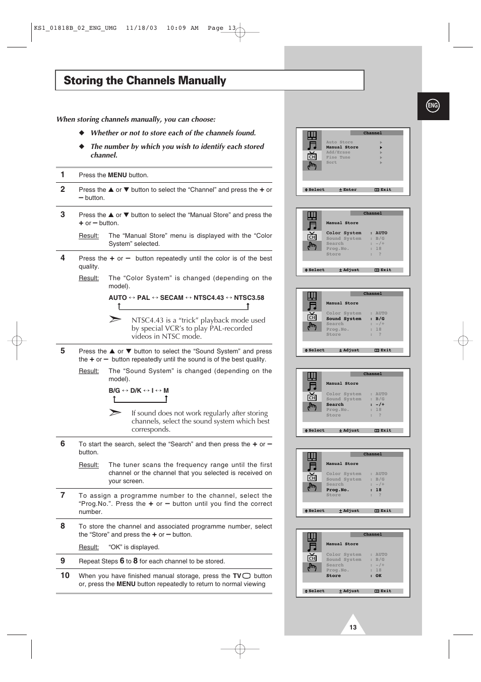 Storing the channels manually | Samsung 21K10 User Manual | Page 13 / 32