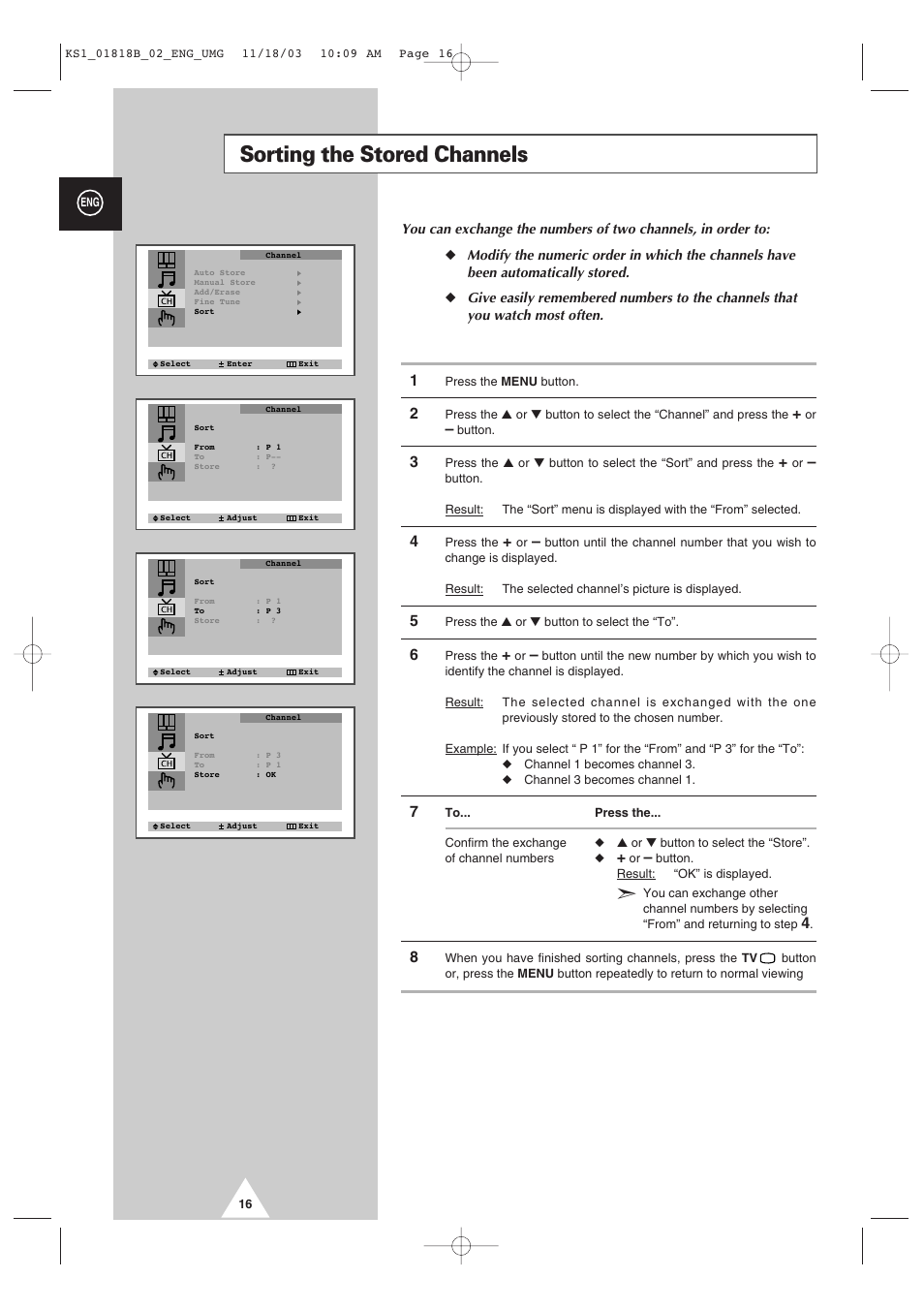 Sorting the stored channels | Samsung 21K10 User Manual | Page 16 / 32