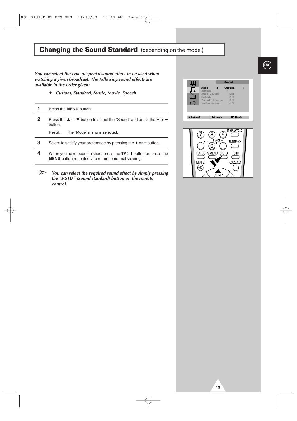 Changing the sound standard, Depending on the model) | Samsung 21K10 User Manual | Page 19 / 32