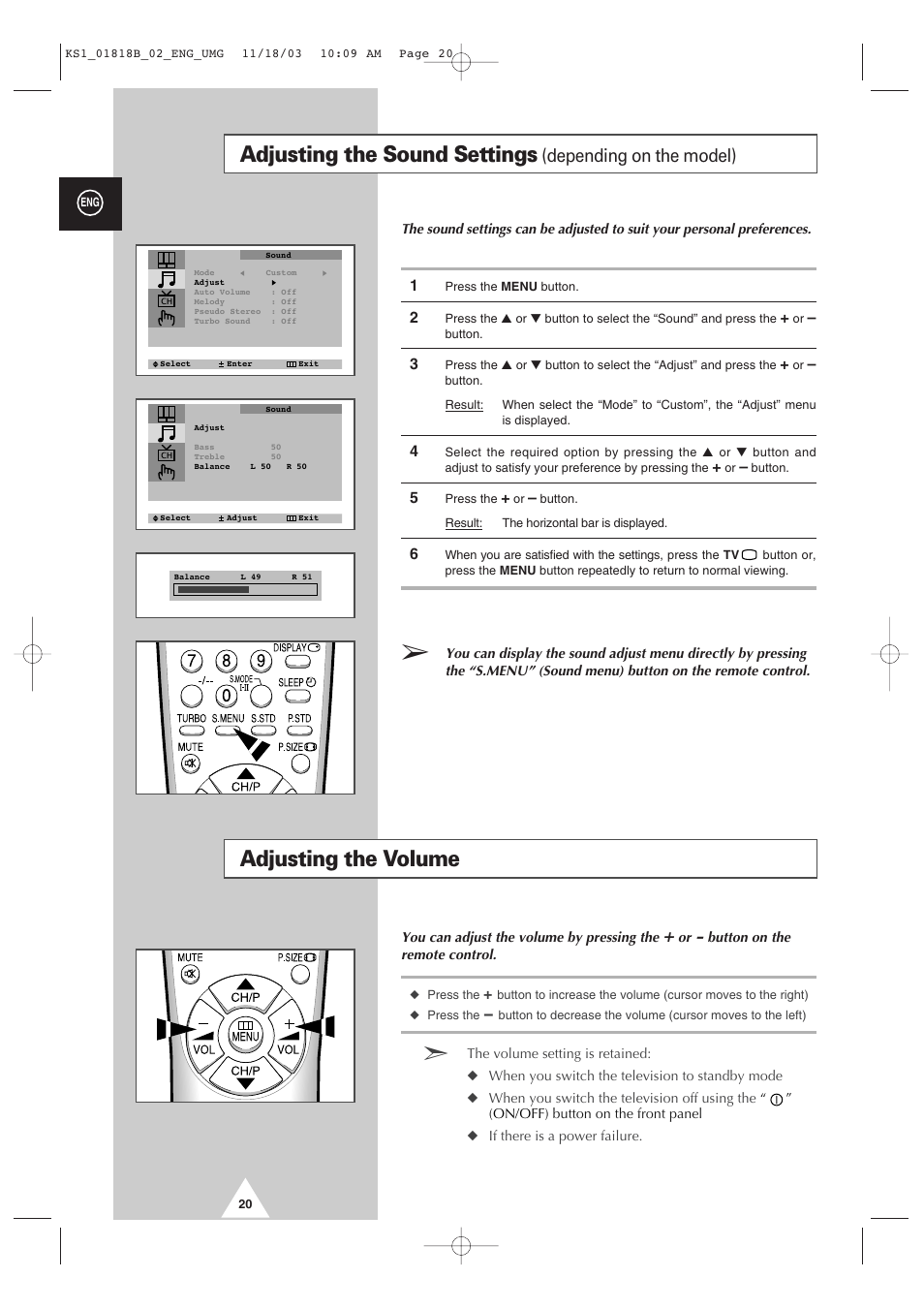 Adjusting the sound settings, Adjusting the volume, Depending on the model) | Samsung 21K10 User Manual | Page 20 / 32