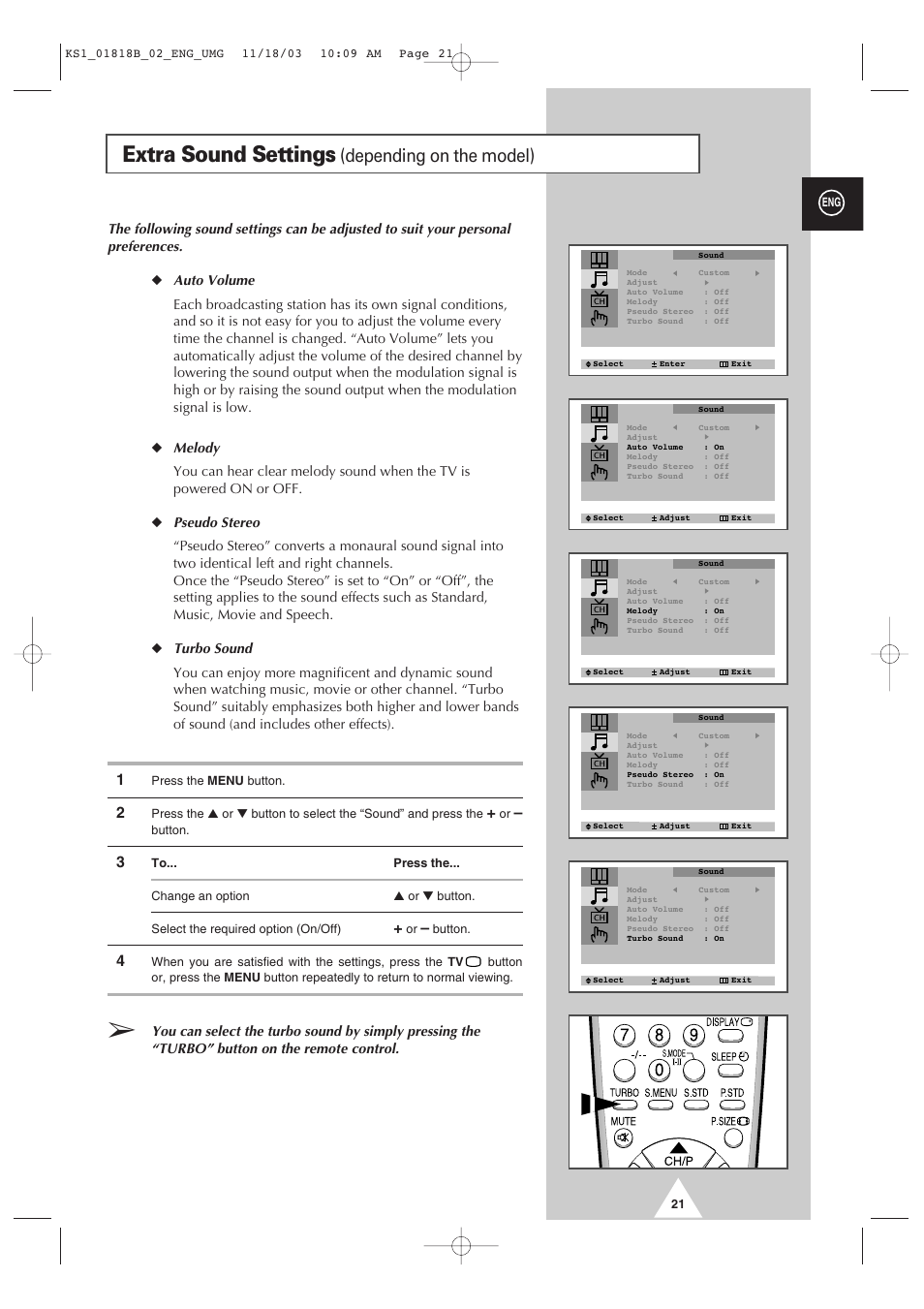 Extra sound settings, Depending on the model) | Samsung 21K10 User Manual | Page 21 / 32