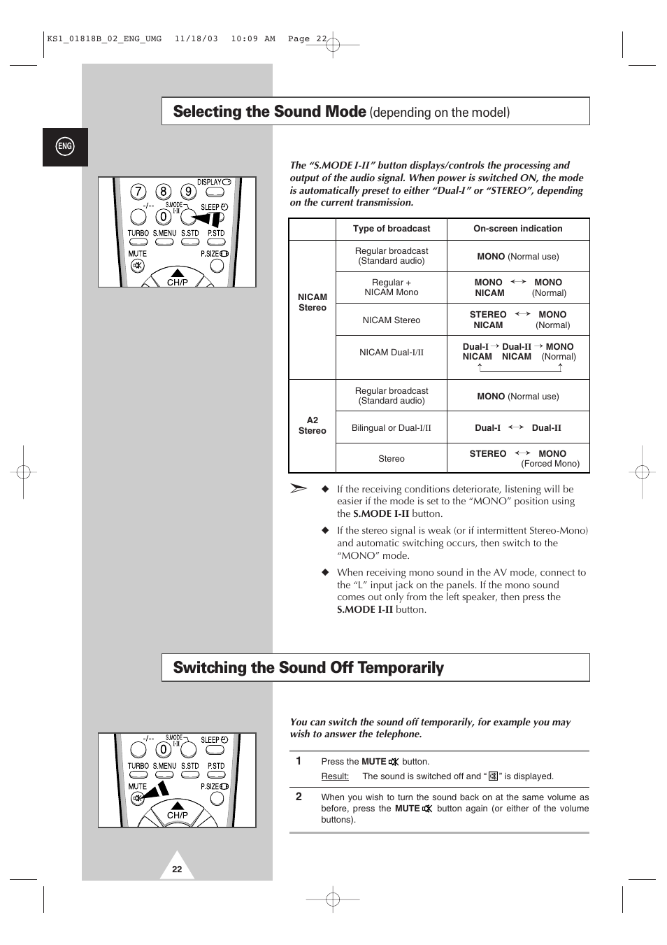 Selecting the sound mode, Switching the sound off temporarily, Depending on the model) | Samsung 21K10 User Manual | Page 22 / 32