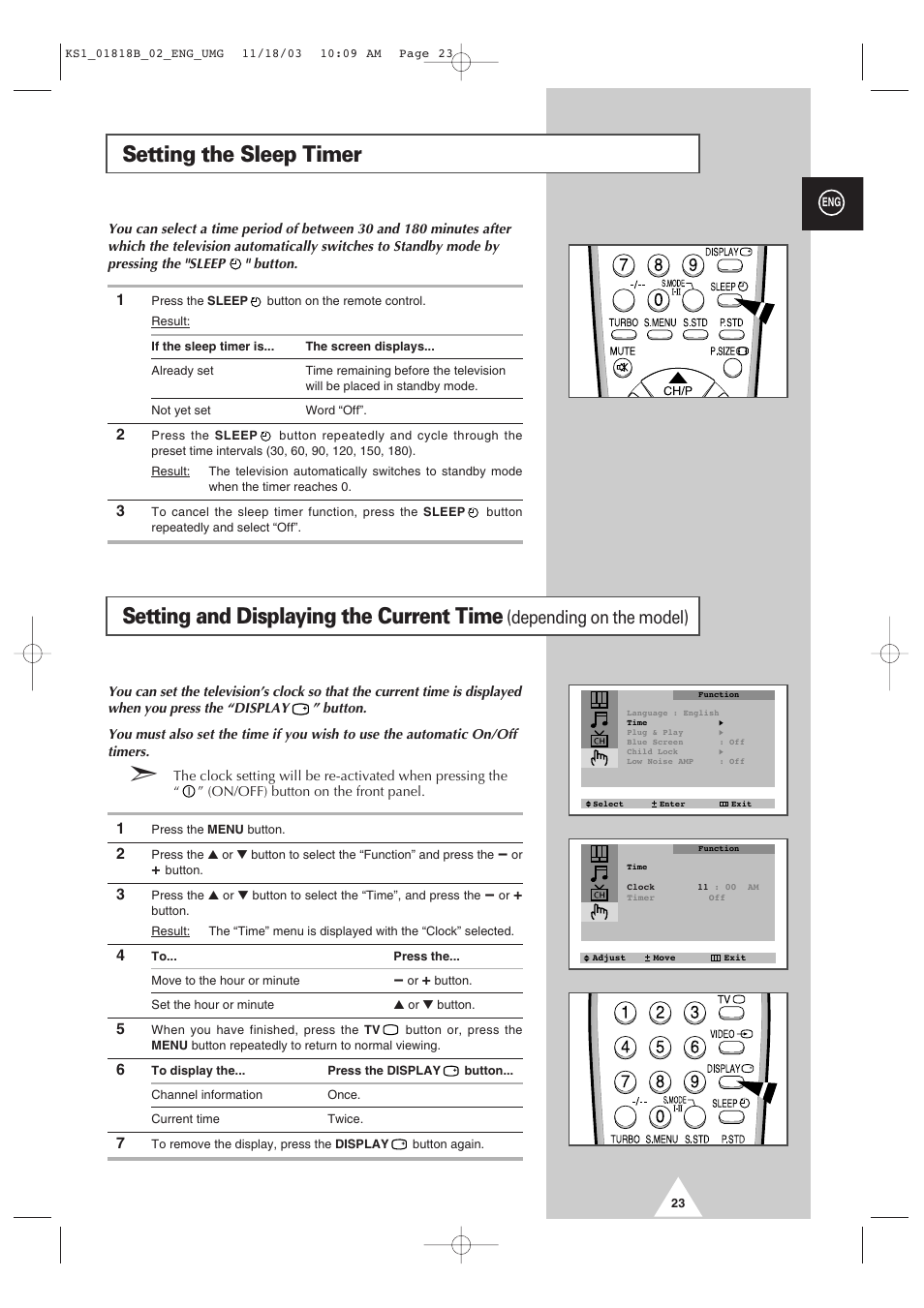 Setting the sleep timer, Setting and displaying the current time, Depending on the model) | Samsung 21K10 User Manual | Page 23 / 32