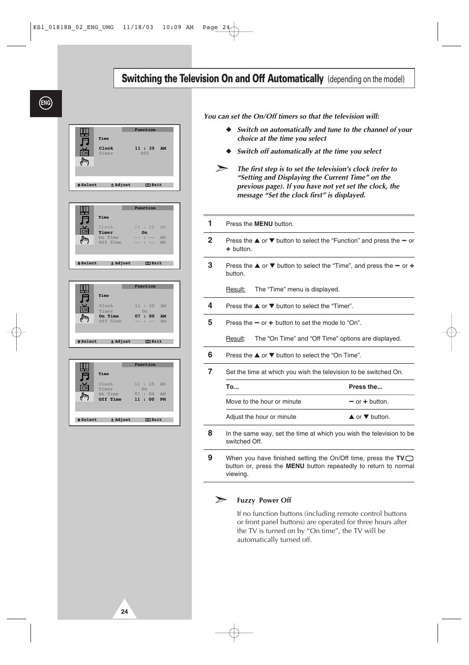Switching the television on and off automatically, Depending on the model) | Samsung 21K10 User Manual | Page 24 / 32